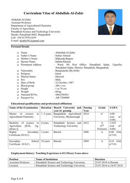 Curriculum Vitae of Abdullah-Al-Zabir