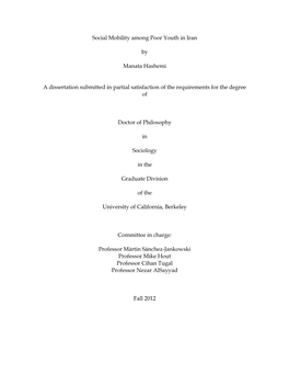Social Mobility Among Poor Youth in Iran by Manata Hashemi a Dissertation Submitted in Partial Satisfaction of the Requirements