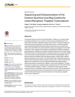 Sequencing and Characterization of the Invasive Sycamore Lace Bug Corythucha Ciliata (Hemiptera: Tingidae) Transcriptome