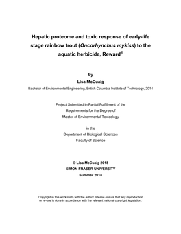 Hepatic Proteome and Toxic Response of Early-Life Stage Rainbow Trout (Oncorhynchus Mykiss) to the Aquatic Herbicide, Reward®