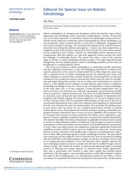 Editorial for Special Issue on Robotic Astrobiology Astrobiology