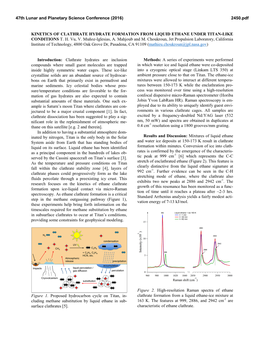 KINETICS of CLATHRATE HYDRATE FORMATION from LIQUID ETHANE UNDER TITAN-LIKE CONDITIONS T. H. Vu, V. Muñoz-Iglesias, A. Mahjoub and M