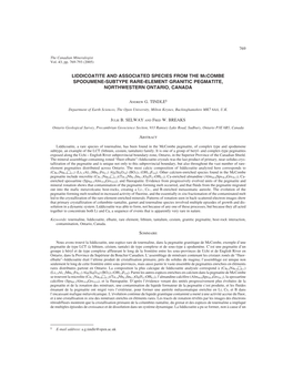 Liddicoatite and Associated Species from the Mccombe Spodumene-Subtype Rare-Element Granitic Pegmatite, Northwestern Ontario, Canada