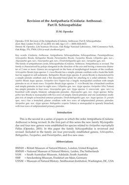 Revision of the Antipatharia (Cnidaria: Anthozoa). Part II. Schizopathidae