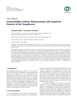 Case Report Extramedullary Solitary Plasmacytoma with Anaplastic Features of the Nasopharynx