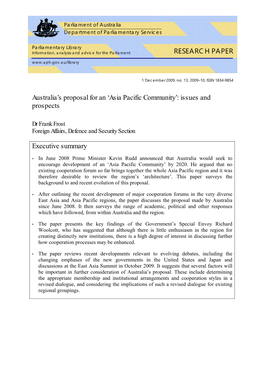 Australia's Proposal for an 'Asia Pacific Community': Issues and Prospects