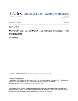 Memory Controversies in Post-Genocide Rwanda: Implications for Peacebuilding