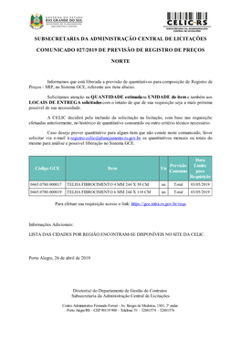 Subsecretaria Da Administração Central De Licitações Comunicado 027/2019 De Previsão De Registro De Preços Norte