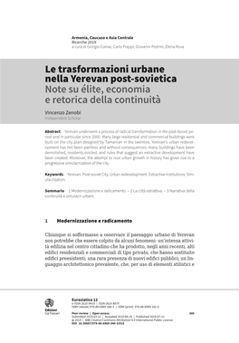 Le Trasformazioni Urbane Nella Yerevan Post-Sovietica Note Su Élite, Economia E Retorica Della Continuità Vincenzo Zenobi Independent Scholar