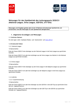 Weisungen Für Den Spielbetrieb Des Leistungssports 2020/21 (National League, Swiss League, U20-Elit, U17-Elit)