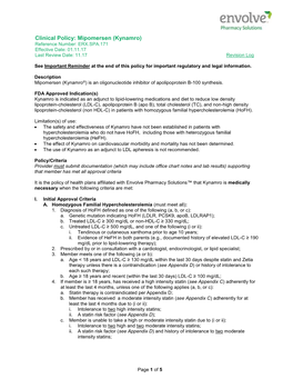 Mipomersen (Kynamro) Reference Number: ERX.SPA.171 Effective Date: 01.11.17 Last Review Date: 11.17 Revision Log