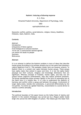 Kashmir: Inducing a Following Response R. S. Pirta Himachal Pradesh University, Department of Psychology, India 2002 Rspirta@Hclinfinet.Com