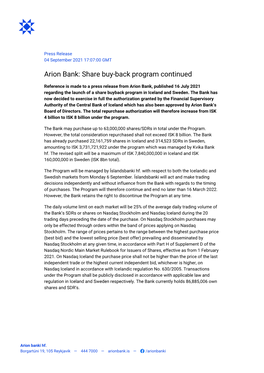 Arion Bank: Share Buy-Back Program Continued