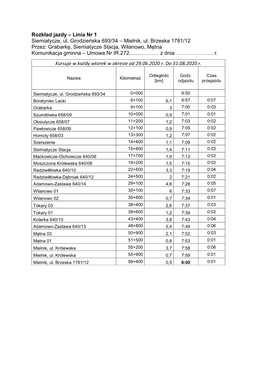 Rozkład Jazdy – Linia Nr 1 Siemiatycze, Ul. Grodzieńska 693/34 – Mielnik, Ul