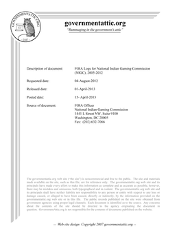 FOIA Logs for National Indian Gaming Commission (NIGC), 2005-2012