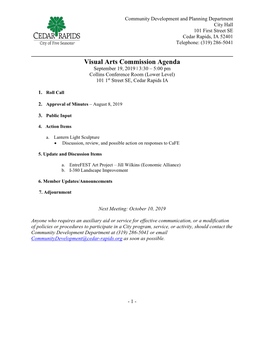 Agenda September 19, 2019 ǀ 3:30 – 5:00 Pm Collins Conference Room (Lower Level) 101 1St Street SE, Cedar Rapids IA