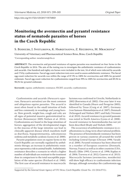 Monitoring the Avermectin and Pyrantel Resistance Status of Nematode Parasites of Horses in the Czech Republic