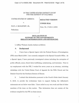 Redacted Version Under Seal Declaration in Support of the Government's Breach Determination and Sentencing