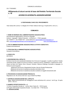 Affidamento Di Alcuni Servizi Di Base Dell'ambito Territoriale Sociale N. 18 AVVISO DI AVVENUTA AGGIUDICAZIONE