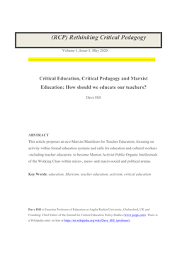 Dave Hill Critical Education, Critical Pedagogy and Marxist Education