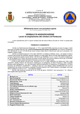 CASTELNUOVO Di GARFAGNANA VERBALE DI AGGIUDICAZIONE Lavori Di Ampliamento Del Cimitero Di Pontecosi