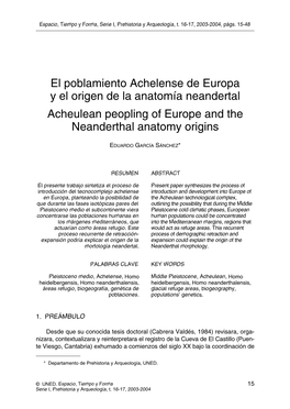 El Poblamiento Achelense De Europa Y El Origen De La Anatomía Neandertal Acheulean Peopling of Europe and the Neanderthal Anatomy Origins