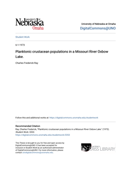 Planktonic Crustacean Populations in a Missouri River Oxbow Lake