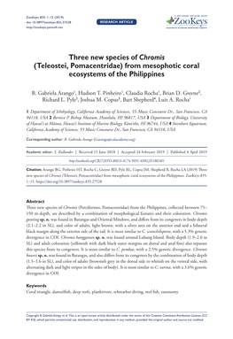 Three New Species of Chromis (Teleostei, Pomacentridae) from Mesophotic Coral Ecosystems of the Philippines