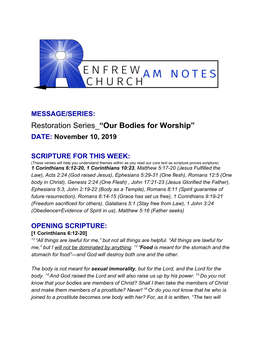 Our Bodies for Worship” ​ DATE: November 10, 2019 ​