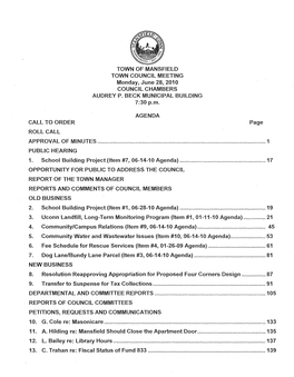 TOWN of MANSFIELD TOWN COUNCIL MEETING Monday, June 28, 2010 COUNCIL CHAMBERS AUDREY P
