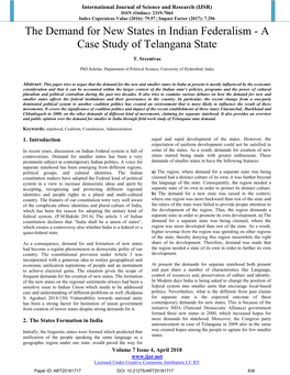 The Demand for New States in Indian Federalism - a Case Study of Telangana State