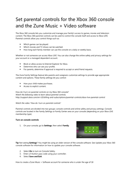 Set Parental Controls for the Xbox 360 Console and the Zune Music + Video Software