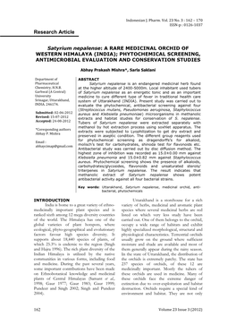 Satyrium Nepalense: a RARE MEDICINAL ORCHID of WESTERN HIMALAYA (INDIA); PHYTOCHEMICAL SCREENING, ANTIMICROBIAL EVALUATION and CONSERVATION STUDIES