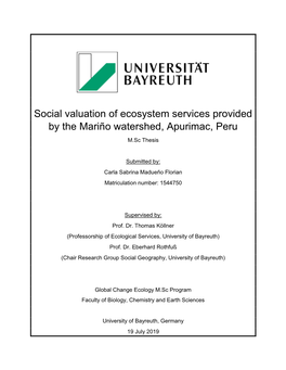 Social Valuation of Ecosystem Services Provided by the Mariño Watershed, Apurimac, Peru M.Sc Thesis