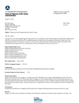 1200 New Jersey Avenue SE Washington, DC 20590 August 13, 2019 Mr. Erik Larson Director Aftersales Piaggio Group Americas. Inc