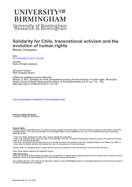 University of Birmingham Solidarity for Chile, Transnational Activism And