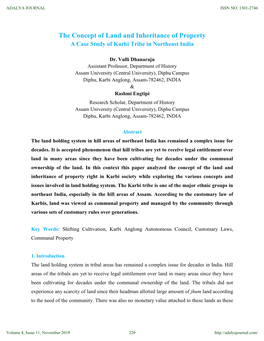 The Concept of Land and Inheritance of Property a Case Study of Karbi Tribe in Northeast India