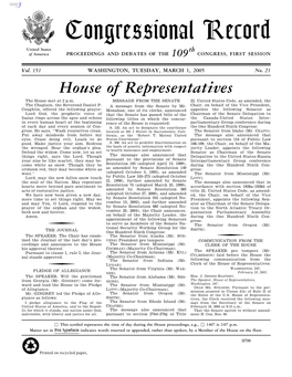 Congressional Record United States Th of America PROCEEDINGS and DEBATES of the 109 CONGRESS, FIRST SESSION