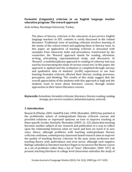 Formalist (Linguistic) Criticism in an English Language Teacher Education Program: the Reward Approach Arda Arikan, Hacettepe University, Turkey