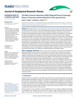 The Mars Science Laboratory (MSL) Bagnold Dunes Campaign, a SPECIAL SECTION Phase I: Overview and Introduction to the Special Issue 10.1002/2017JE005401 Nathan T