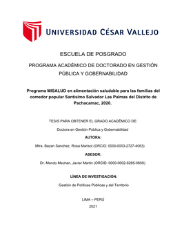 Programa MISALUD En Alimentación Saludable Para Las Familias Del Comedor Popular Santísimo Salvador Las Palmas Del Distrito De Pachacamac, 2020