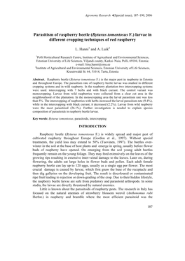 Parasitism of Raspberry Beetle (Byturus Tomentosus F.) Larvae in Different Cropping Techniques of Red Raspberry