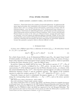 FULL SPARK FRAMES 1. Introduction a Frame Over a Hilbert Space H Is A