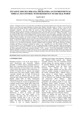 Invasive Species Mikania Micrantha an Environmental Threat, Its Control with Reference to Eri Silk Worm