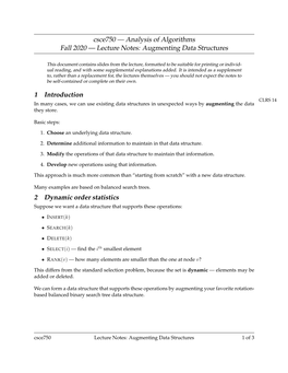 Lecture Notes: Augmenting Data Structures 1 Introduction 2 Dynamic