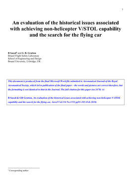 An Evaluation of the Historical Issues Associated with Achieving Non-Helicopter V/STOL Capability and the Search for the Flying Car