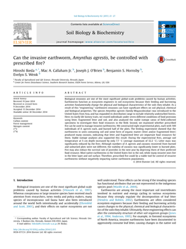 Can the Invasive Earthworm, Amynthas Agrestis, Be Controlled with Prescribed ﬁre?