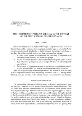 The Migration of Poles to Germany in the Context of the Most Common Polish Surnames