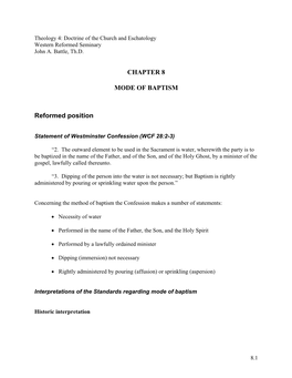 CHAPTER 8 MODE of BAPTISM Reformed Position