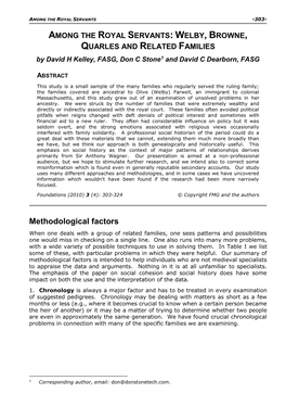 AMONG the ROYAL SERVANTS: WELBY, BROWNE, QUARLES and RELATED FAMILIES by David H Kelley, FASG, Don C Stone1 and David C Dearborn, FASG